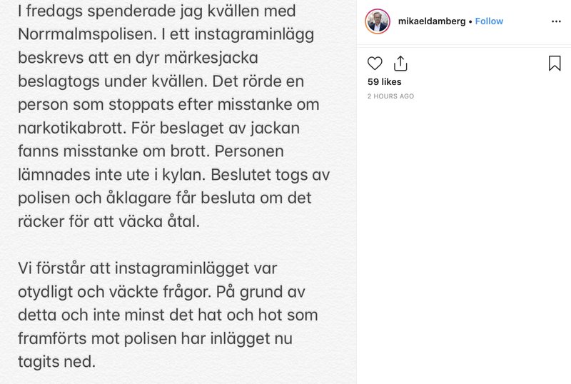 Mikael Dambergs förklaring till inlägget. Mikael Dambergs förklaring till inlägget.